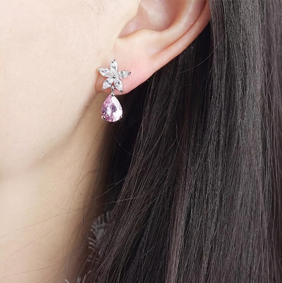 Cute Silver Flower TearDrop Blue Diamond Earrings - Picture 2 of 2